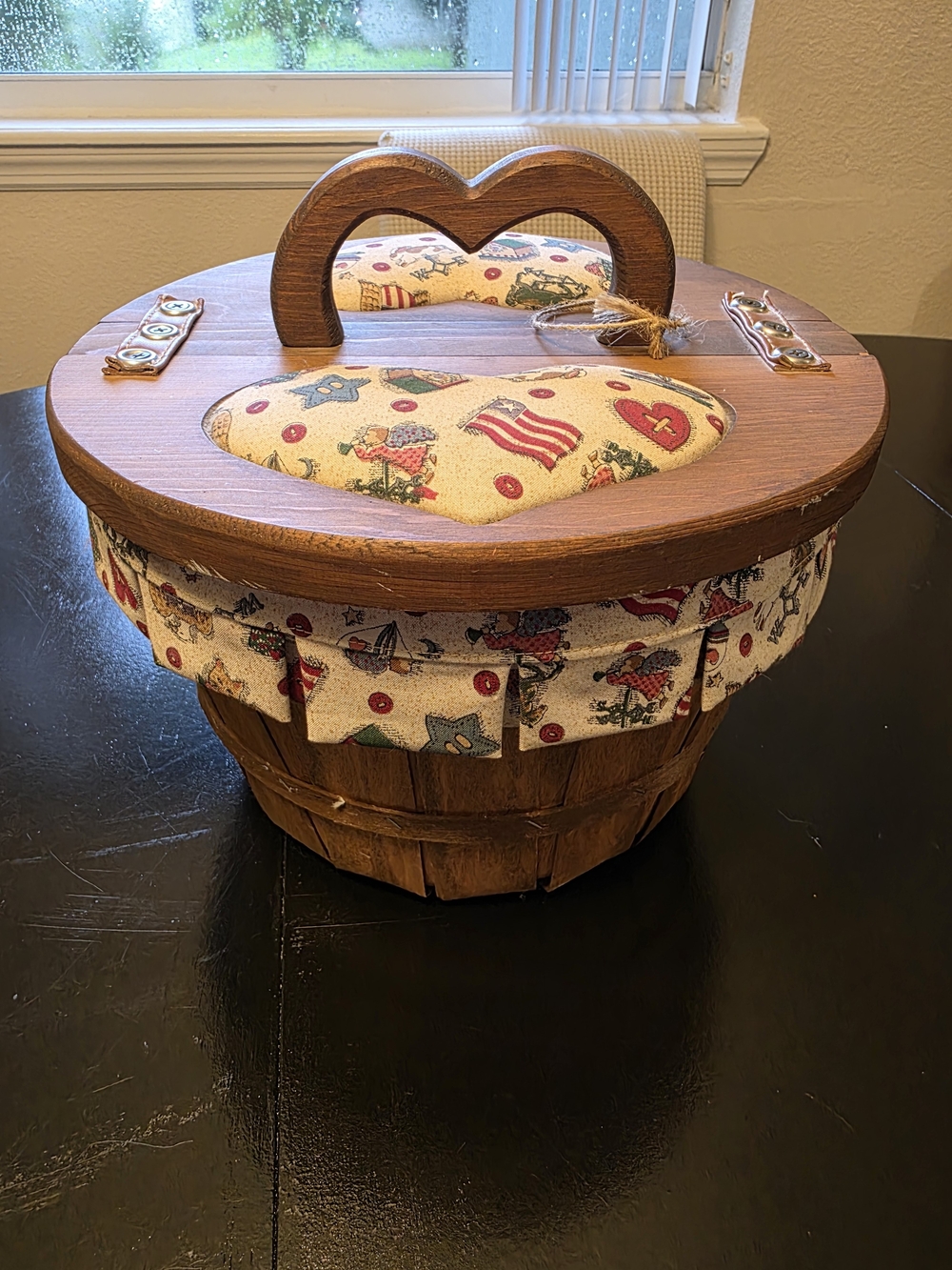 Patriotic Heart-Top Wooden Sewing Basket